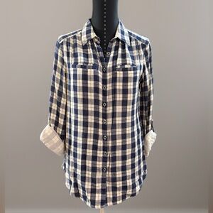 Sandra Ingrish Navy and White Plaid Button Down Shirt